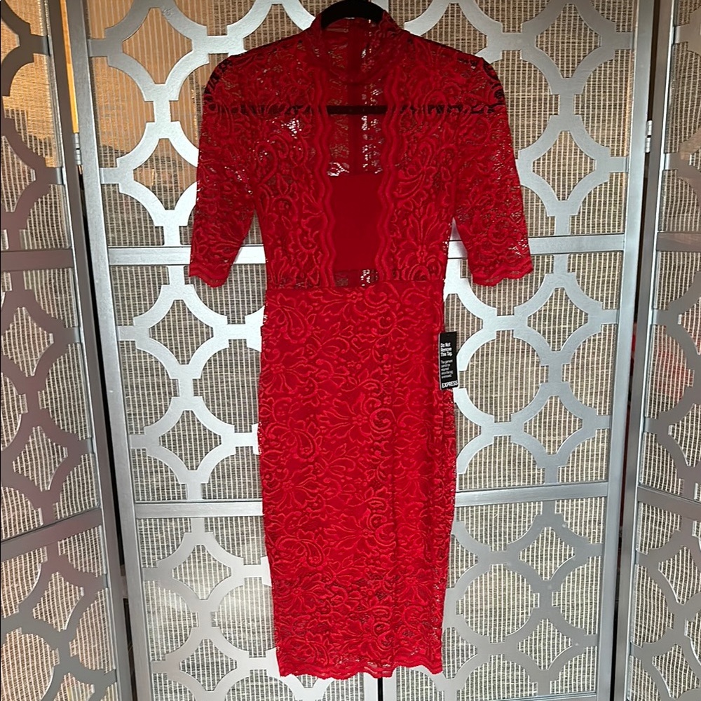 Express Vibrant Red Lace Long Sleeve Dress